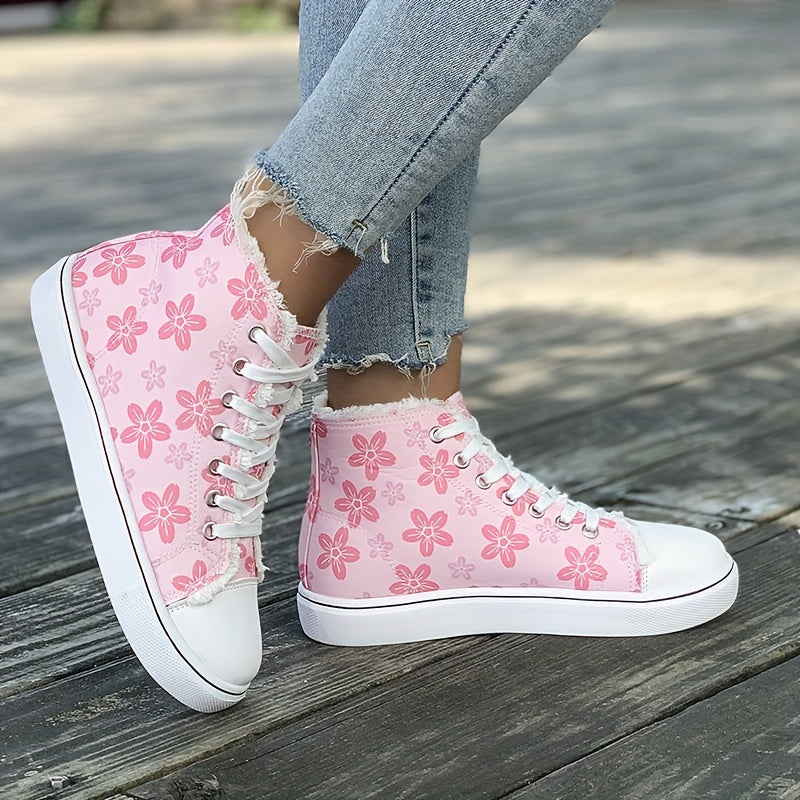 Women's High Top Canvas Shoes, Floral Printed Round Toe Lace Up Sneakers, Casual Flat Skate Shoes