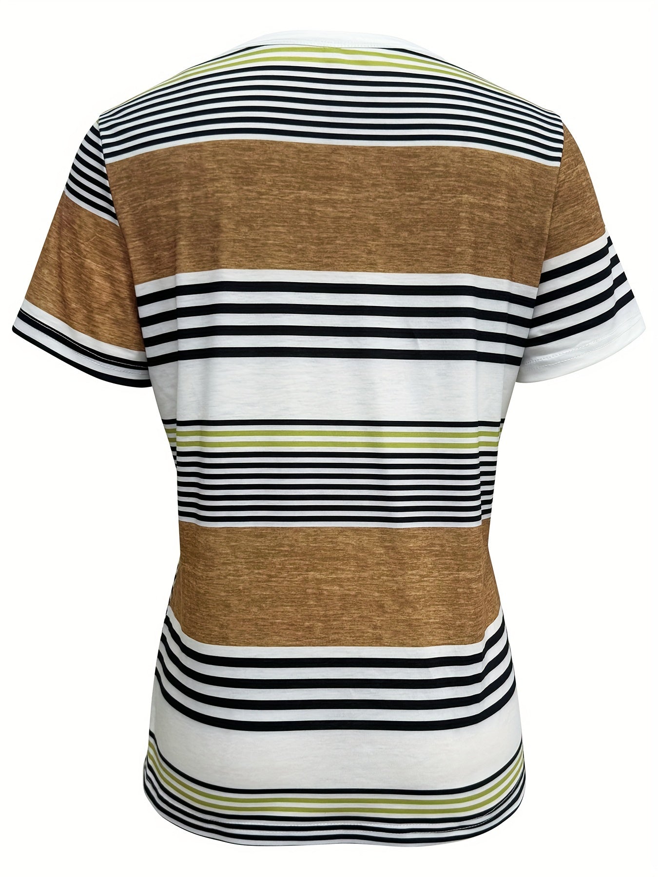 Striped Print Short Sleeve T-shirt, Casual Button Front Crew Neck Top For Spring & Summer, Women's Clothing