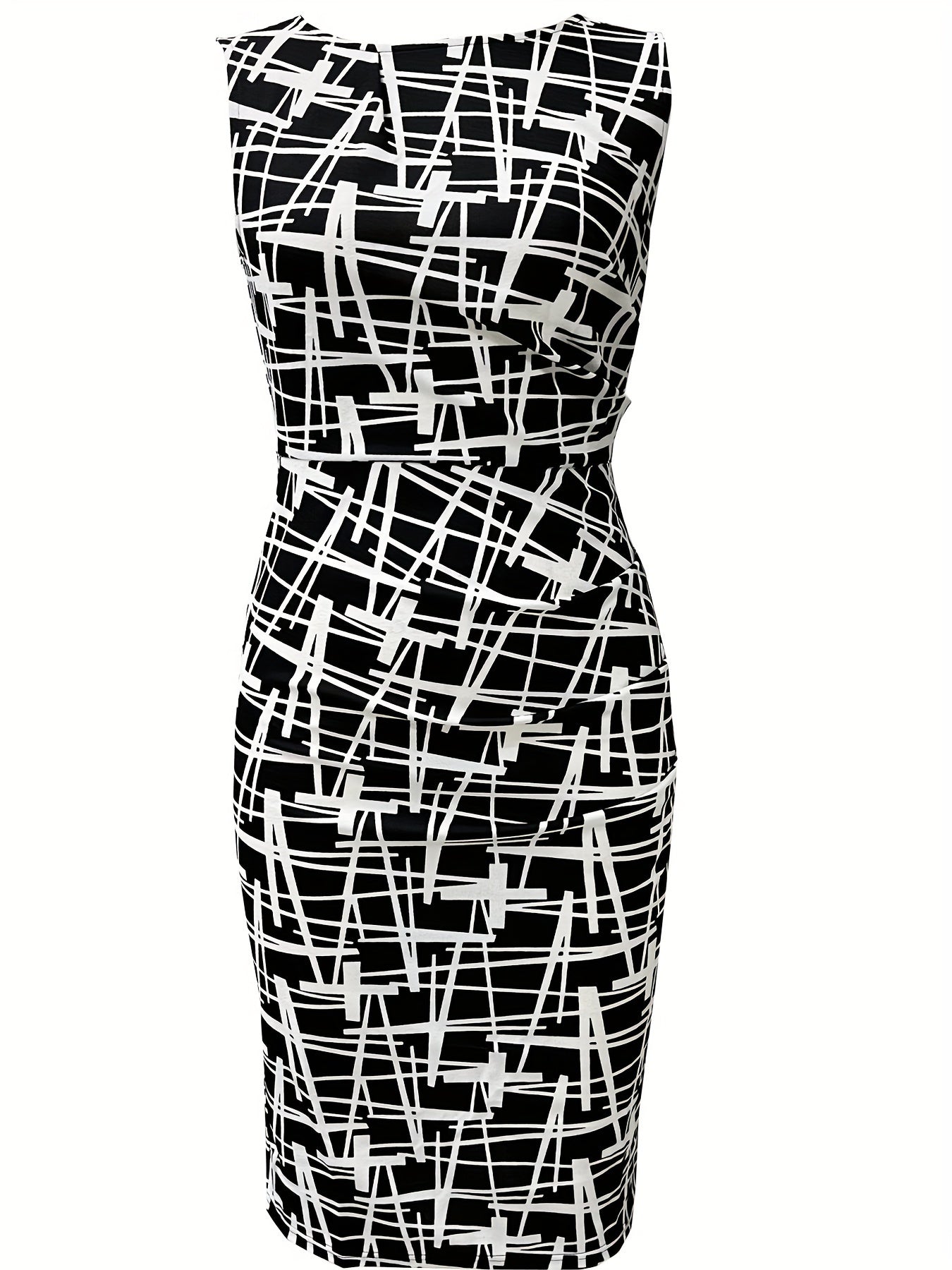 Ruched Pencil Dress, Elegant Crew Neck Sleeveless Work Office Dress, Women's Clothing