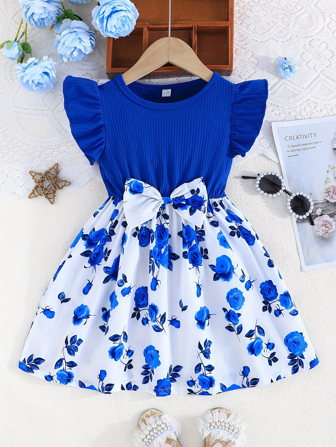 Elegant Rose Spliced Print Ruffle Sleeveless Dress For Girls, Bow Waist Color Spliced Casual Dresses, Gift