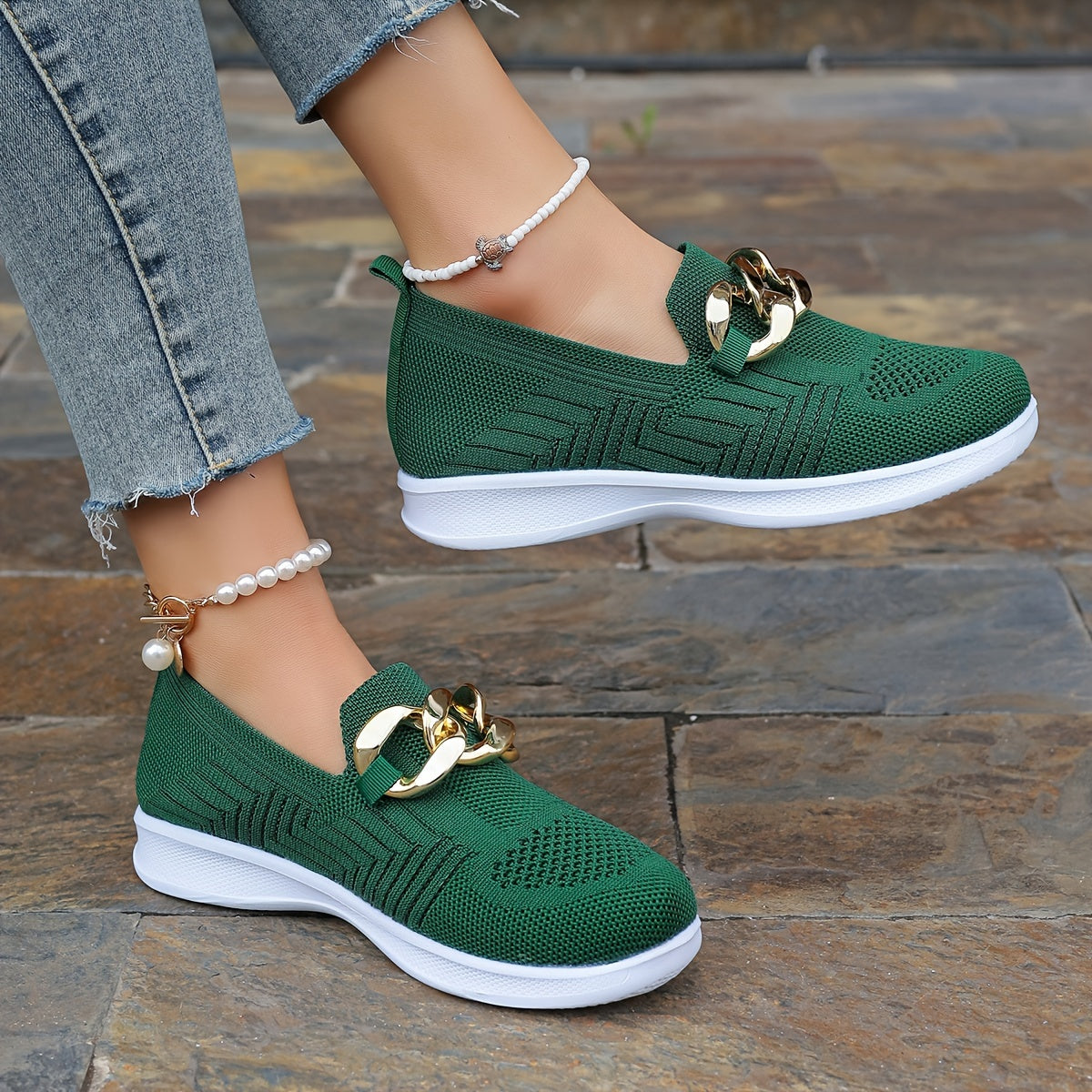 Women's Buckle Decor Sock Sneakers, Stylish Breathable Knitted Slip On Trainers, Comfy Outdoor Walking Shoes