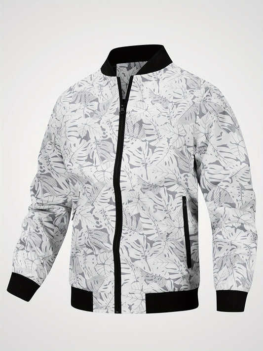 Men's Baseball Collar Leaf Pattern Printed Jacket, Long Sleeve Regular Fit Full Zip Coat For Spring & Winter