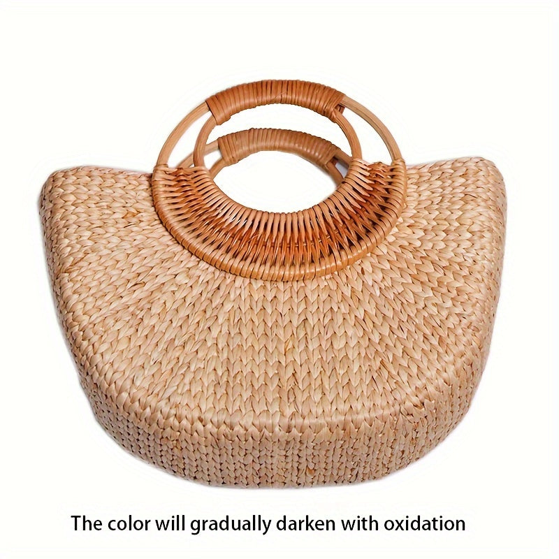 Chic Hand-Woven Rattan Straw Beach Tote - Lightweight, Open Top Shoulder Bag for Women | Perfect for Travel & Vacation