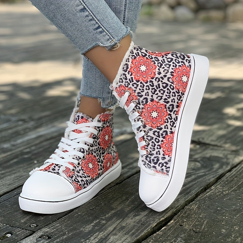 Women's High Top Canvas Sneakers, Floral & Leopard Print Lace Up Skate Shoes, Casual Flat Walking Shoes