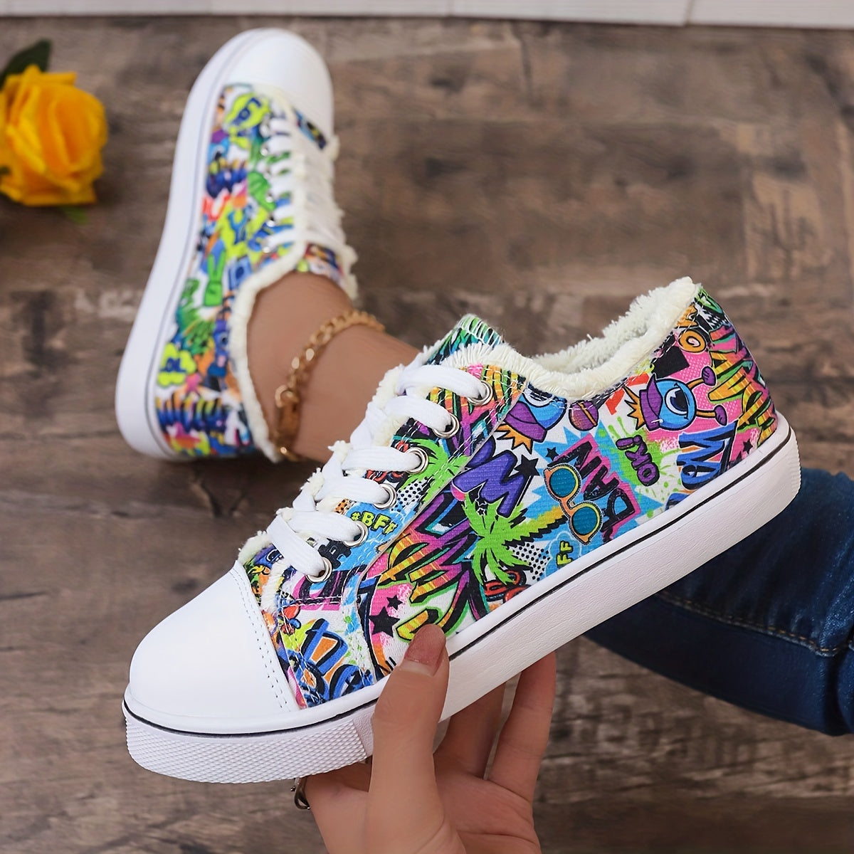 Women's Graffiti Printed Canvas Sneakers, Trendy Low Top Lace Up Flat Shoes, Casual Walking Shoes