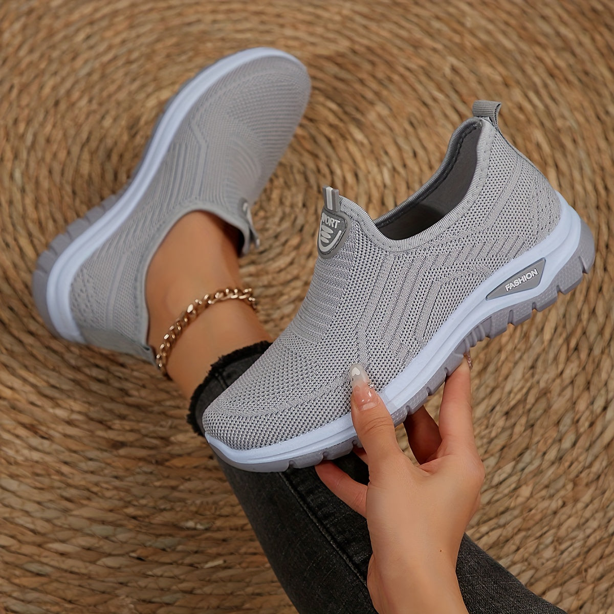 Women's Breathable Knit Sneakers, Casual Slip On Outdoor Shoes, Comfortable Low Top Shoes