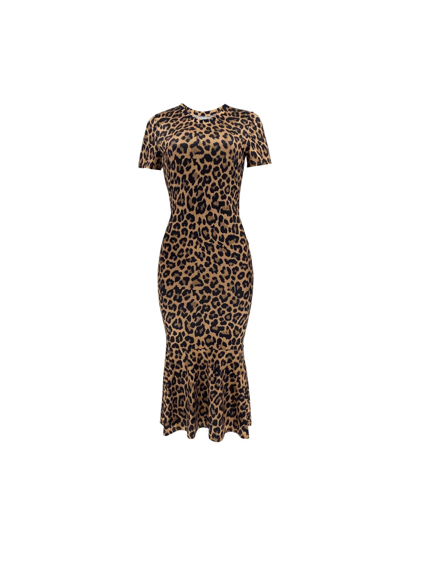 Leopard Print Bodycon Crew Neck Dress, Elegant Short Sleeve Dress For Spring & Summer, Women's Clothing