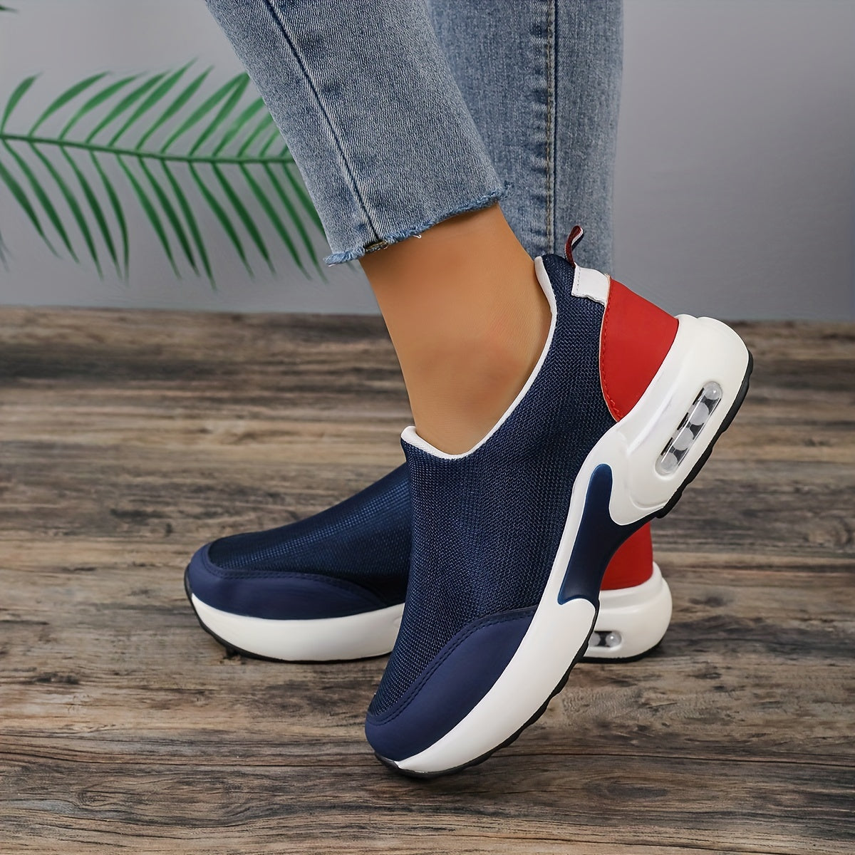 Women's Trendy Colorblock Chunky Sneakers, Stylish Slip On Air Cushion Shoes, Lightweight Low Top Shoes