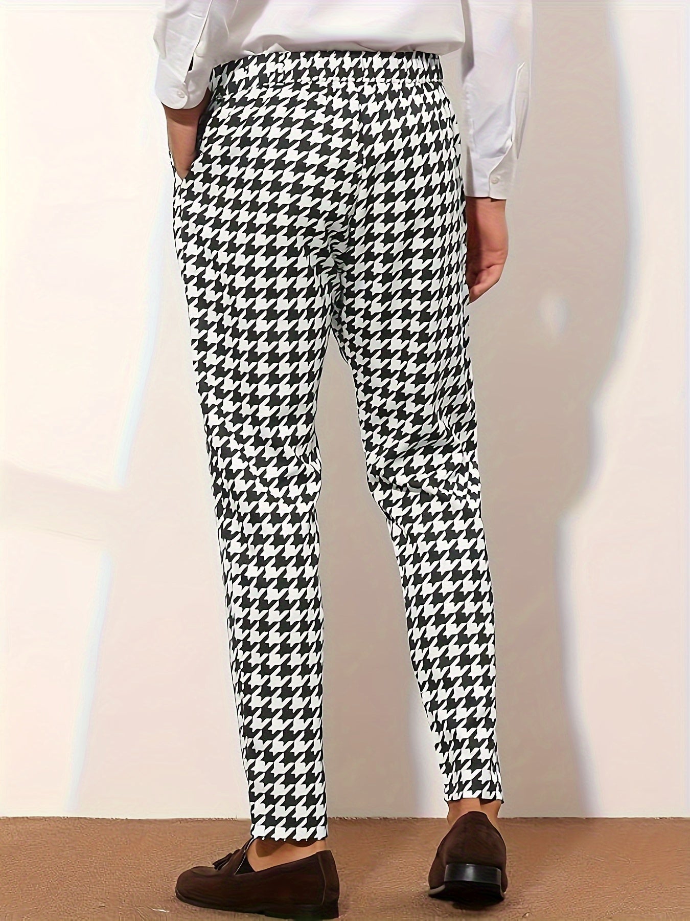 Men's Houndstooth Pattern Cropped Dress Pants, Semi-formal Style Pants For Outdoor Casual Daily Wear, All Seasons