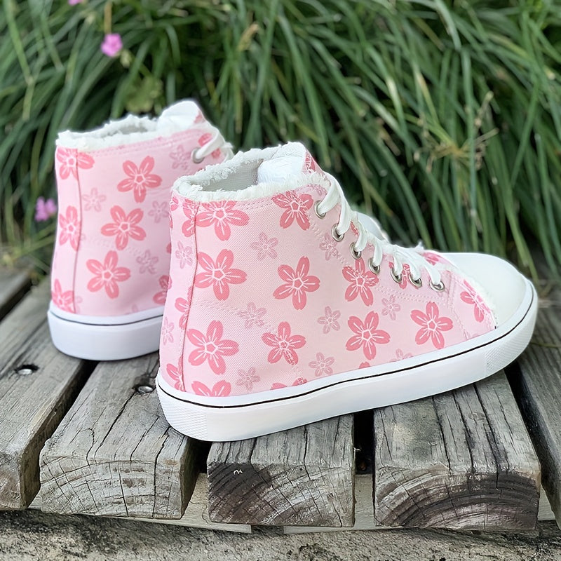 Women's High Top Canvas Shoes, Floral Printed Round Toe Lace Up Sneakers, Casual Flat Skate Shoes