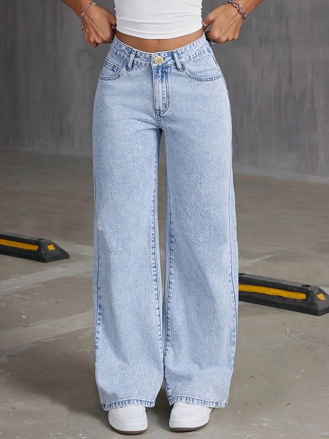 Plain Loose Fit Washed Blue Casual Basic Style Denim Pants, Women's Denim Jeans & Clothing