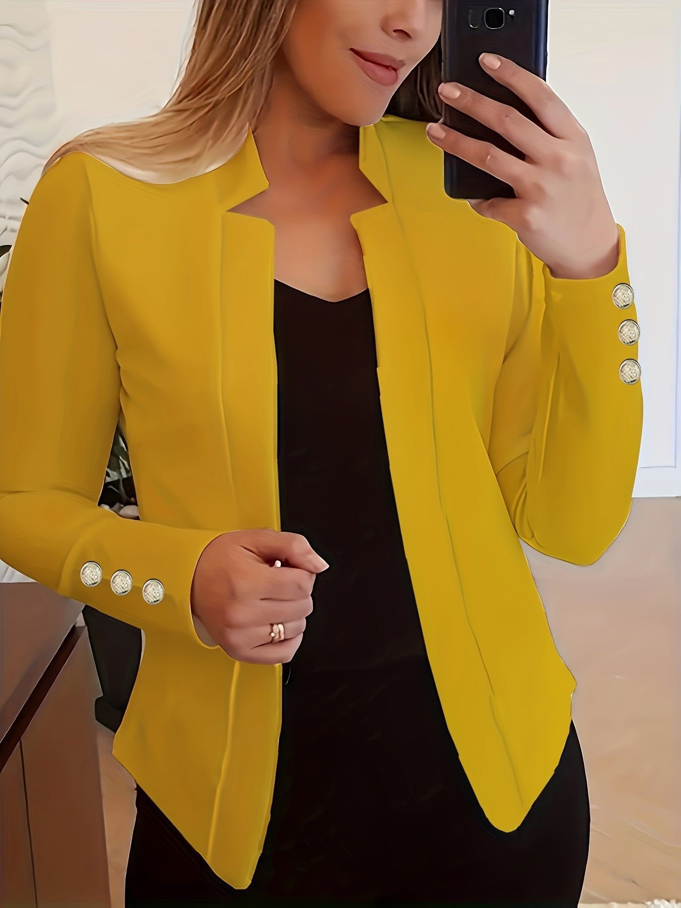 Long Sleeve Solid Color Casual Blazer - Button Front, Micro Elasticity, Polyester Fabric, Loose Fit, Regular Length - Perfect for Office & Work, Womens Clothing