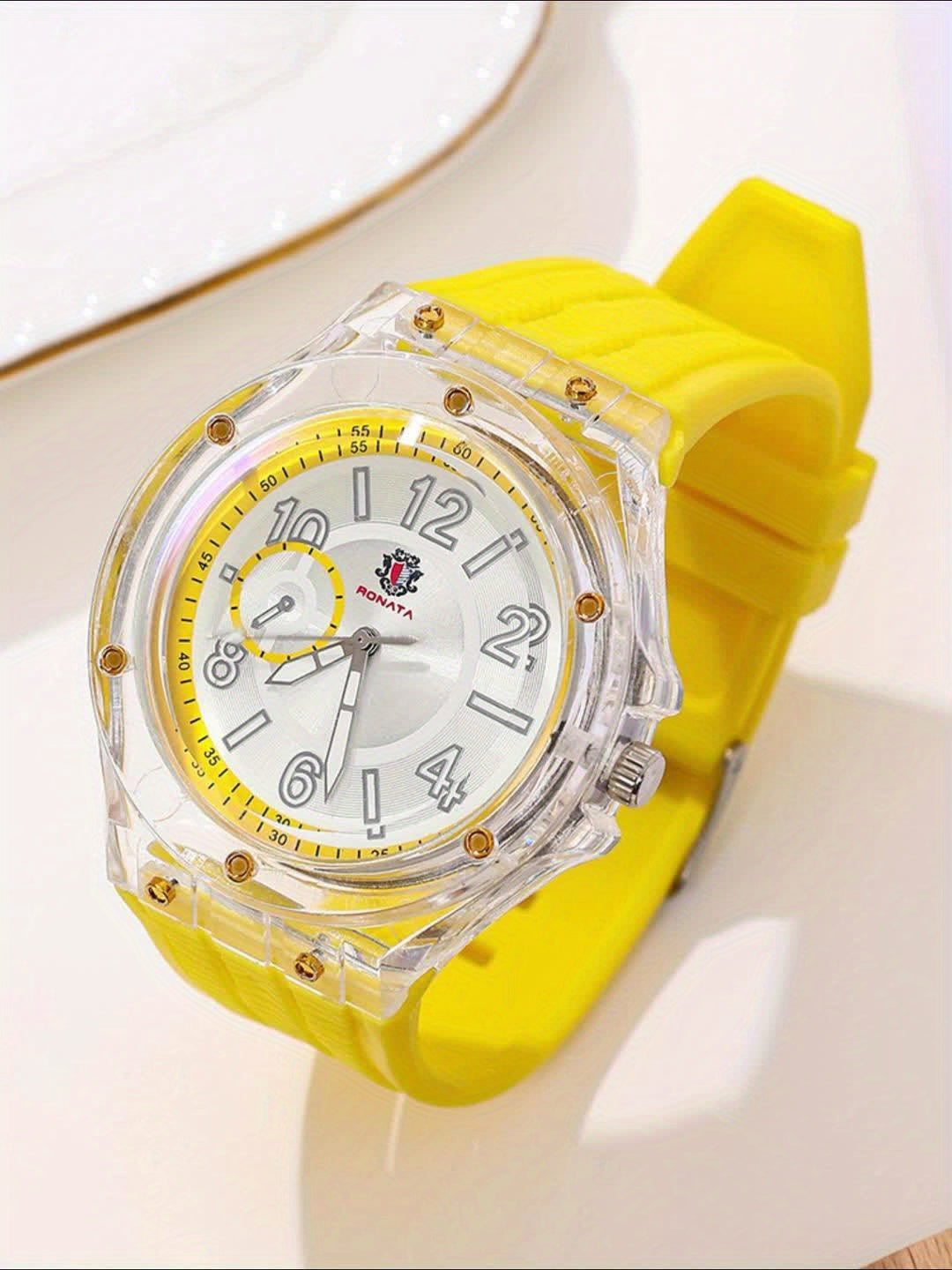 Chic Yellow Quartz Women's Watch with Transparent Dial - Casual Style, Rubber Strap, Non-