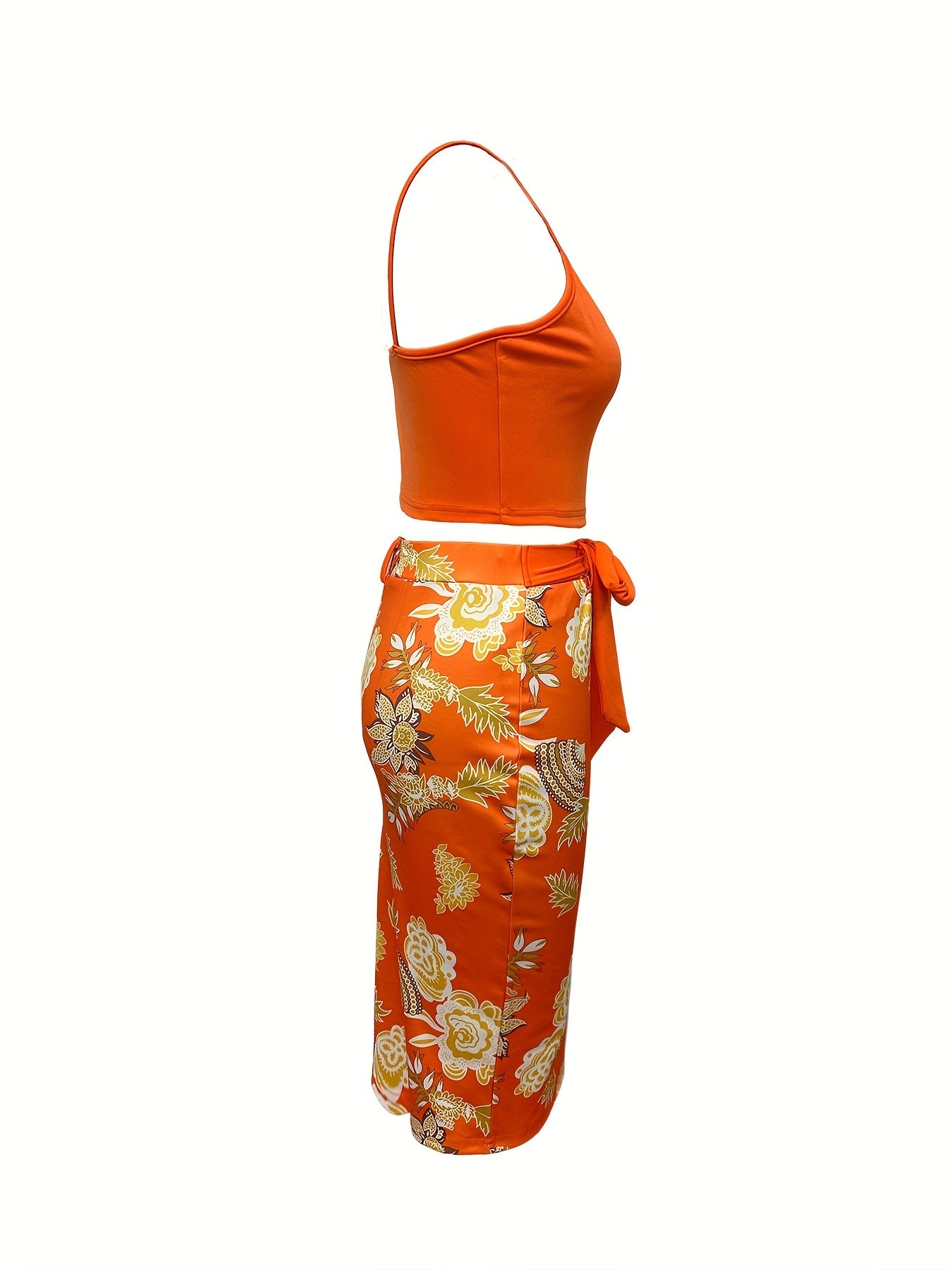 Vacation Floral Print Skirt Set, Solid Button Decor Crop Cami Top & Belted Split Bodycon Skirt Outfits, Women's Clothing