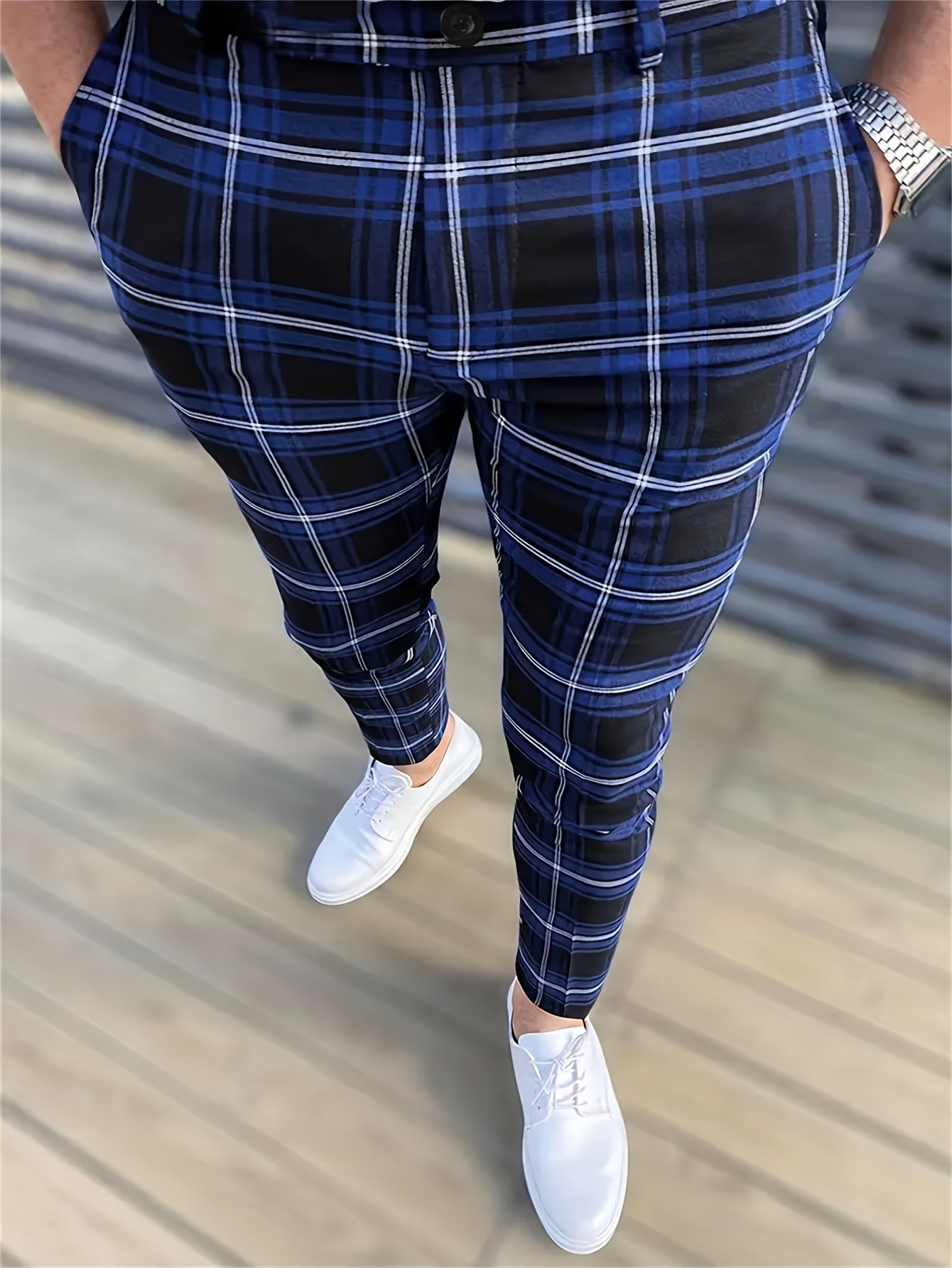 Elegant Plaid Slacks, Men's Casual Stretch Vintage Style Slightly Stretch Dress Pants