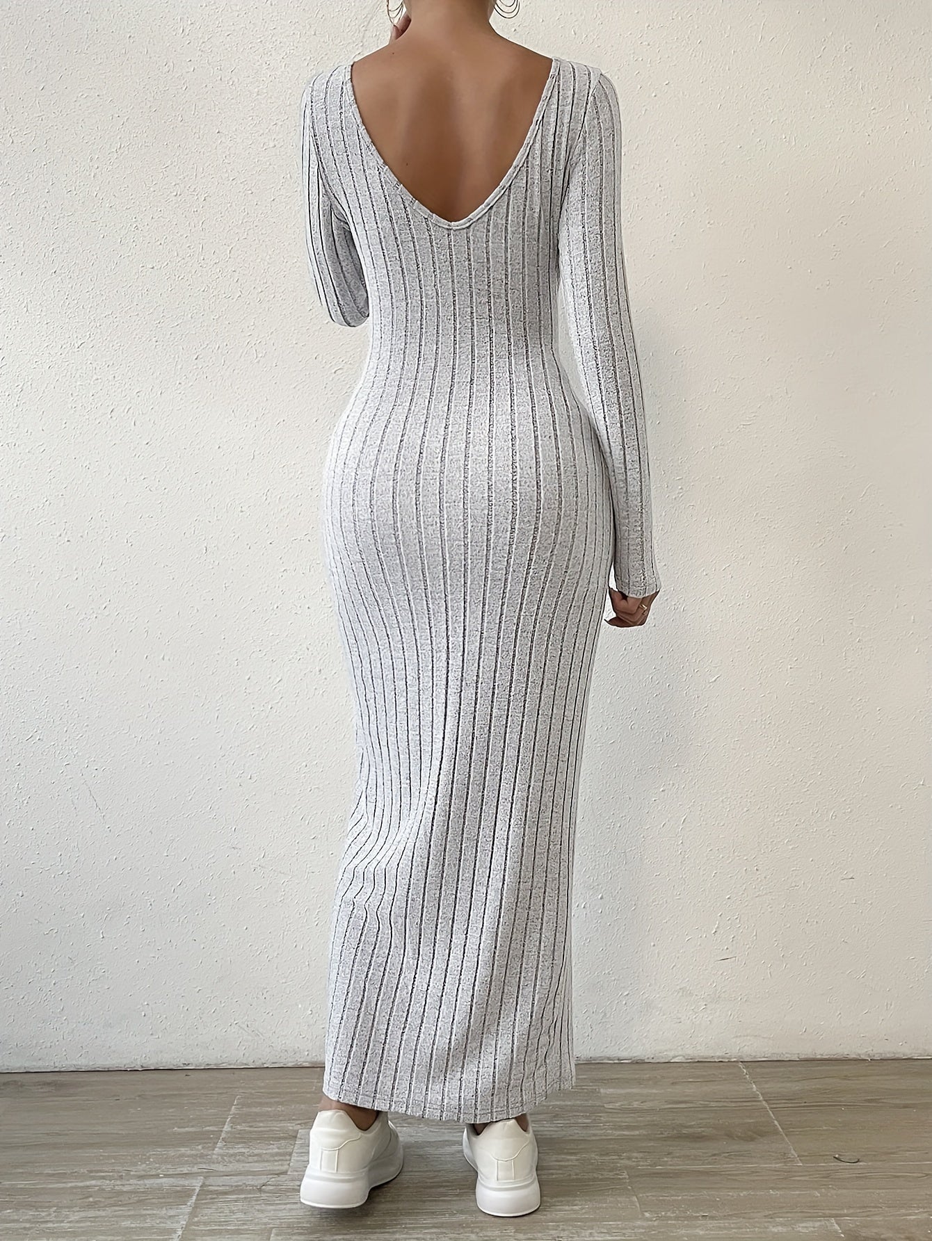 Ribbed Solid Dress, Casual Crew Neck Long Sleeve Maxi Dress, Women's Clothing