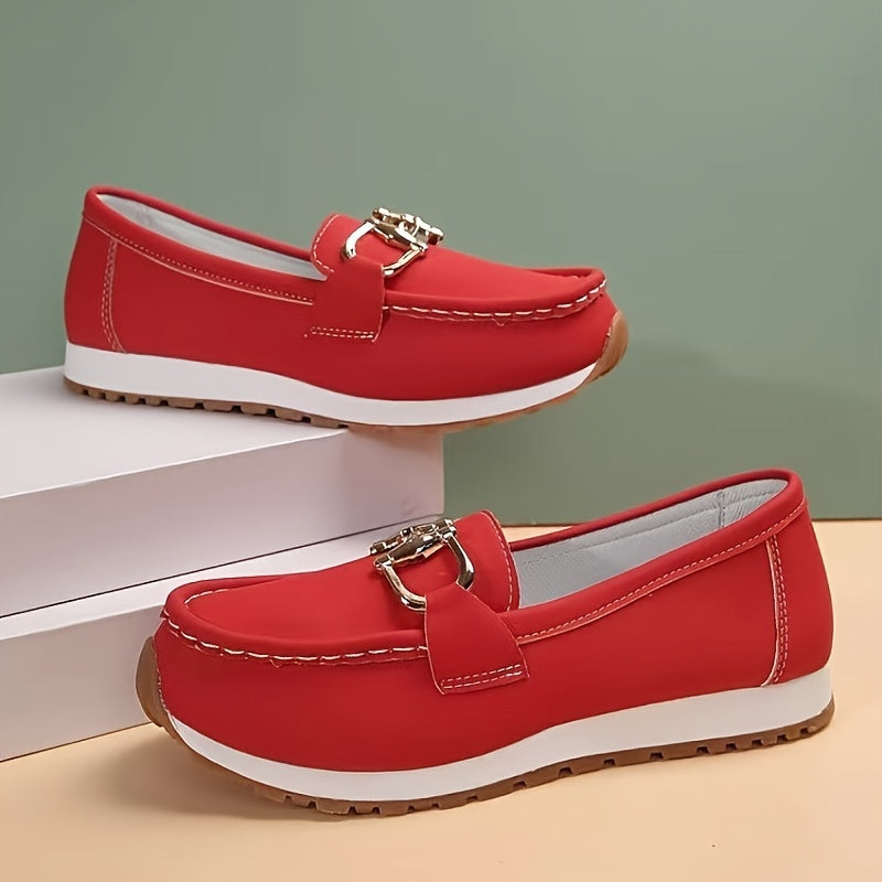 Women's Fashion Solid Color Loafers, Casual Slip-On Shoes With Metallic Buckle, Comfortable Soft Sole Closed Toe Shoes