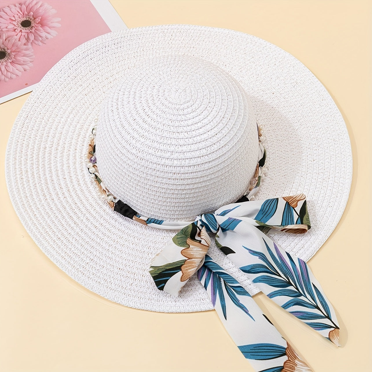 Chic Oversized Brim Sun Hat For Women - White With Pearl & Tropical Print Bow, Perfect For Beach Vacations & Summer Travel