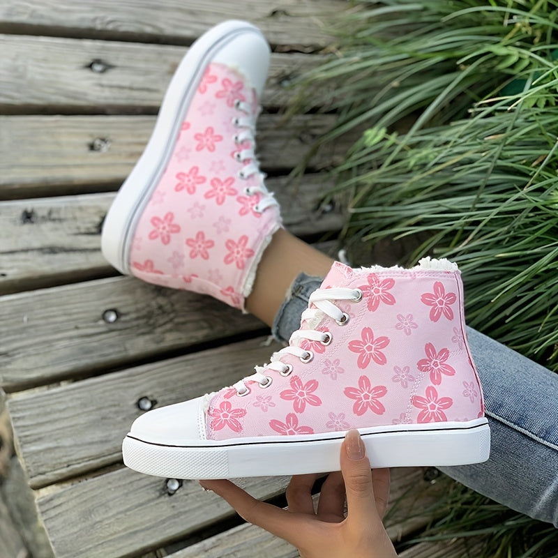 Women's High Top Canvas Shoes, Floral Printed Round Toe Lace Up Sneakers, Casual Flat Skate Shoes