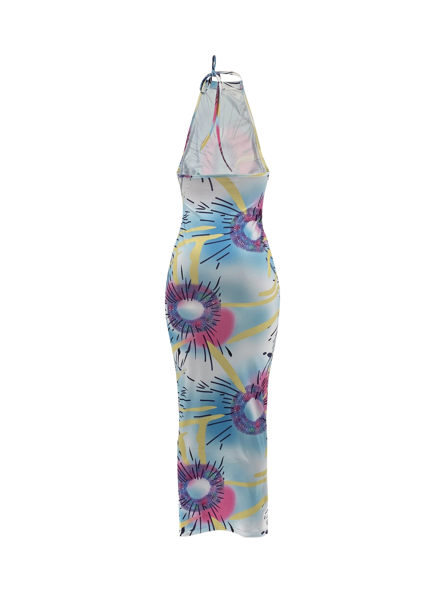 Tie Dye Backless Halter Bodycon Dress, Casual Sleeveless Tie Strap Dress, Women's Clothing