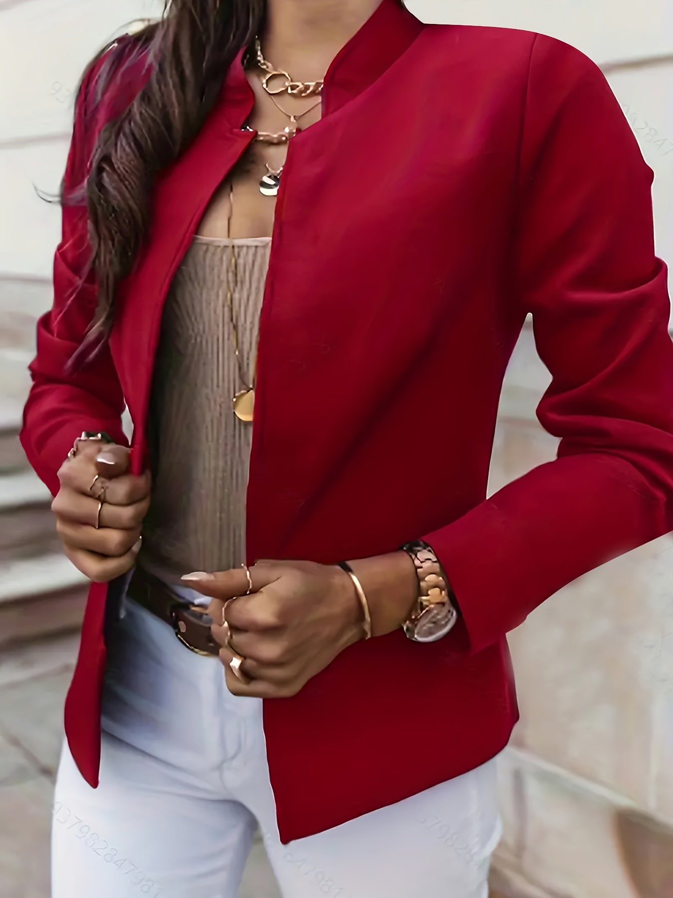 Solid Color Open Front Blazer, Elegant Stand Neck Long Sleeve Blazer For Every Day, Women's Clothing