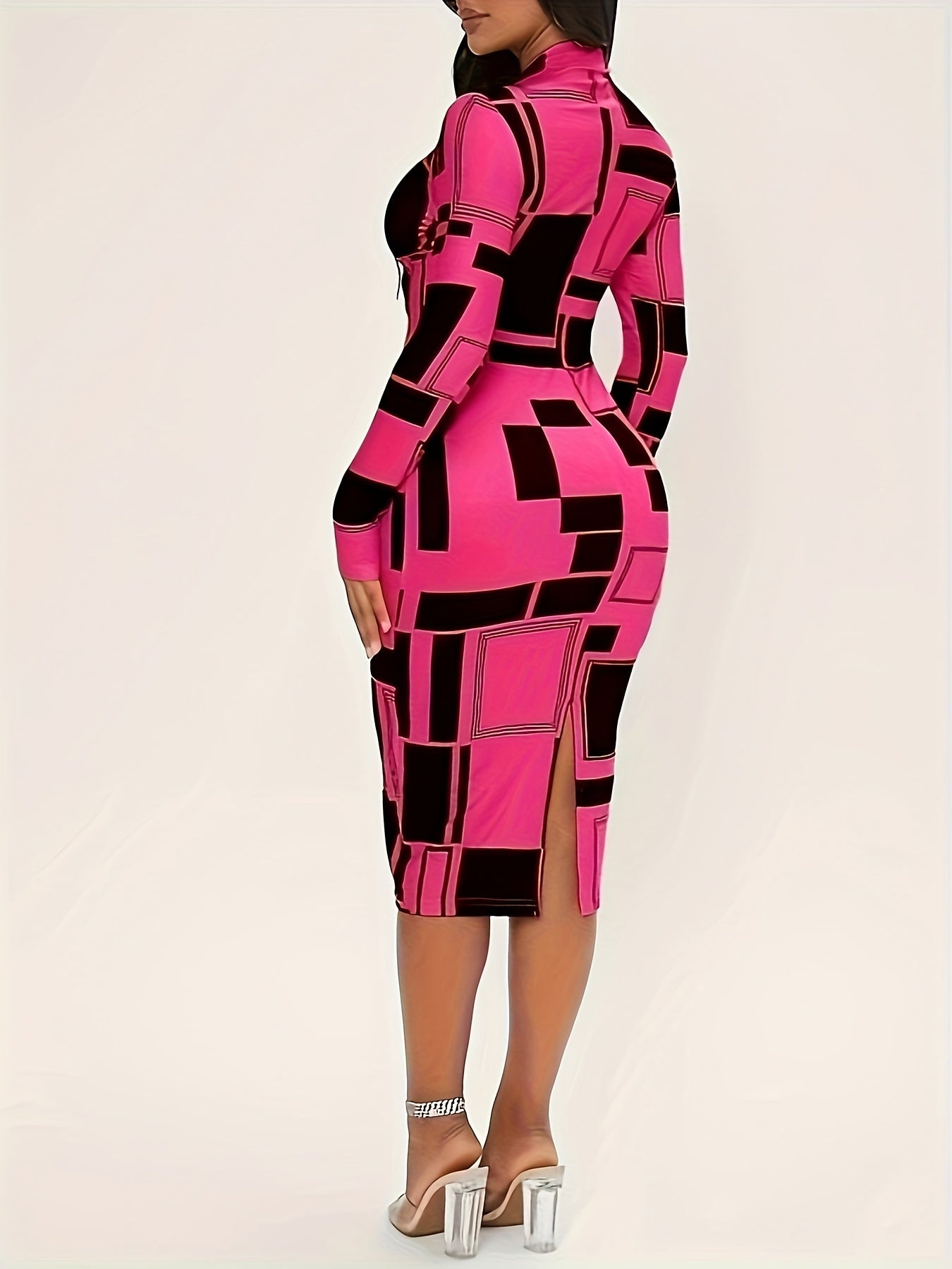 Colorblock Crew Neck Bodycon Dress, Elegant Long Sleeve Dress For Spring & Fall, Women's Clothing