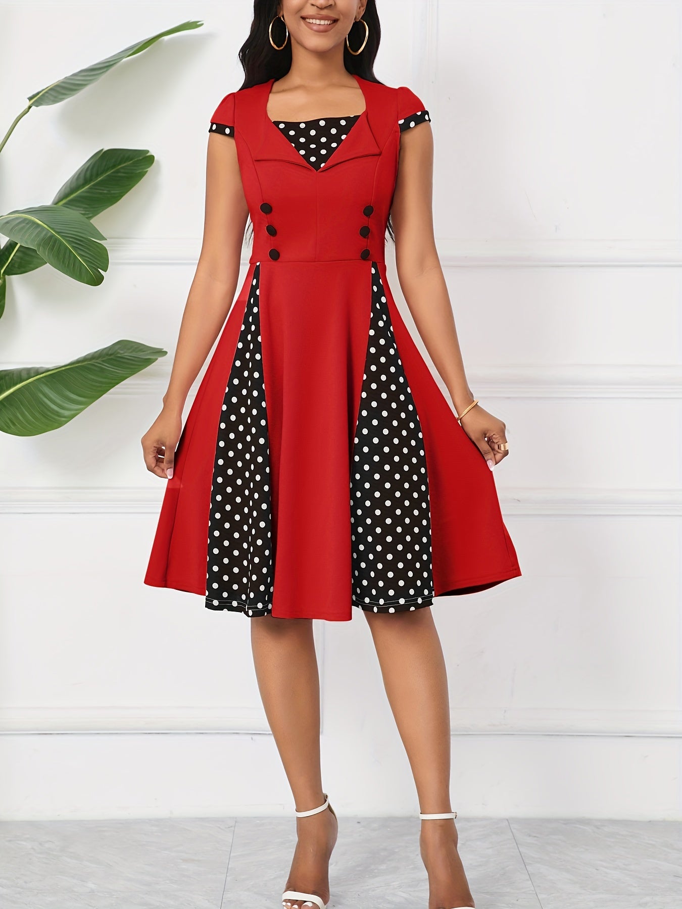 Polka-dot Print Color Block Aline Dress, Elegant Swing Button Decor Dress, Women's Clothing