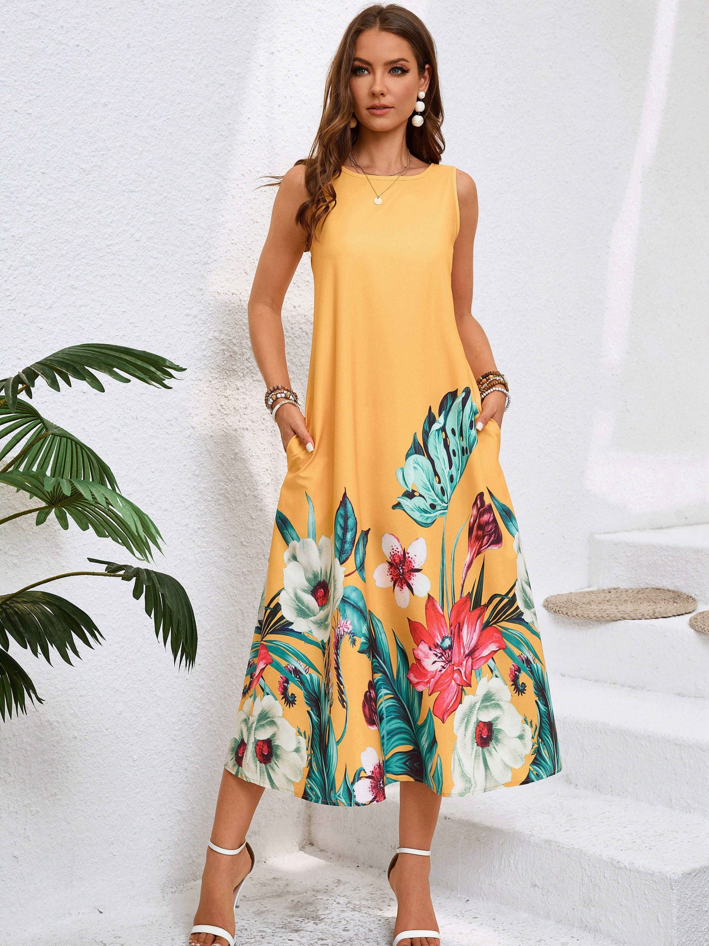 Floral Print Slant Pocket Tank Dress, Vacation Sleeveless Crew Neck Loose Maxi Dress, Women's Clothing