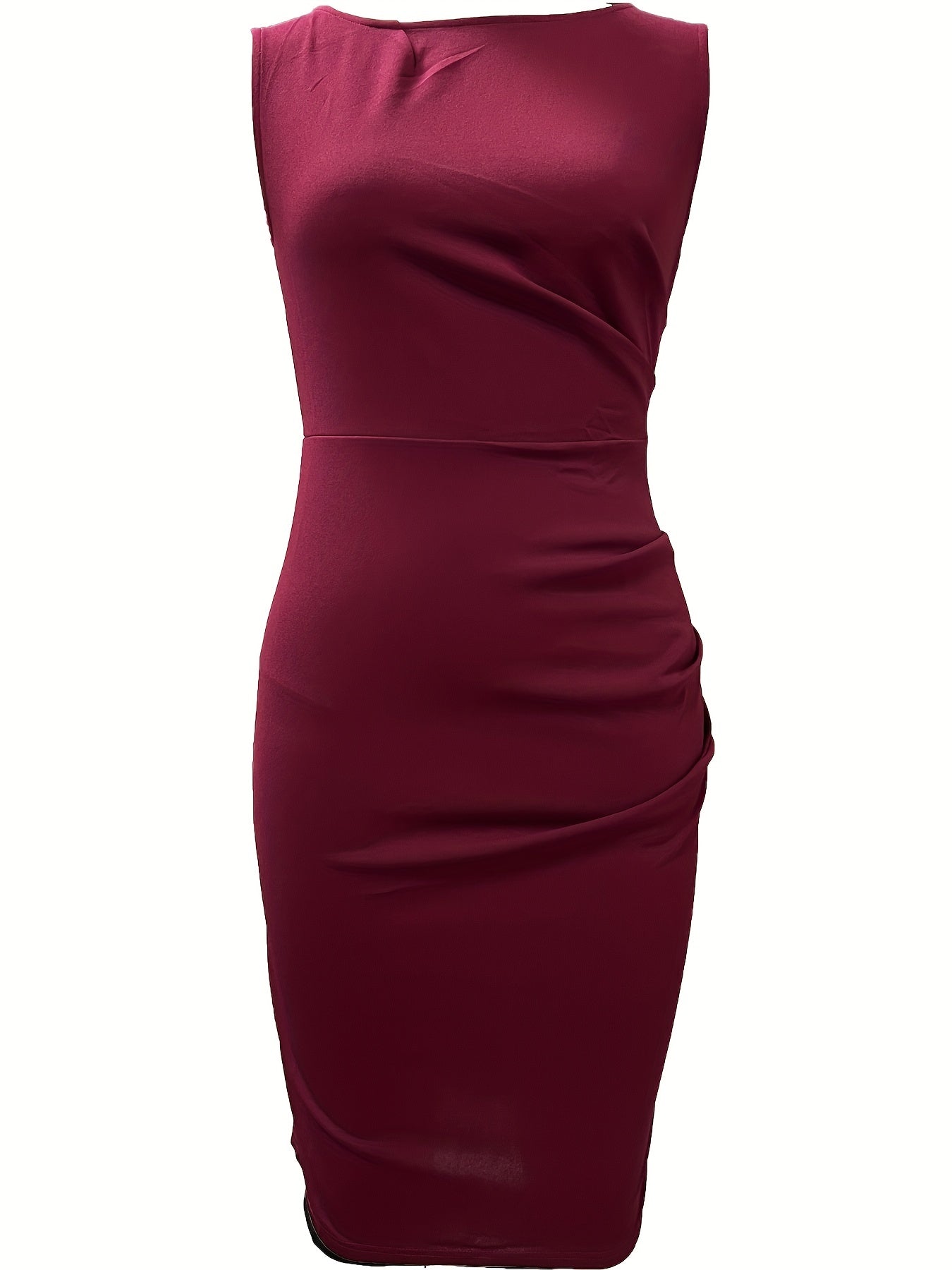 Ruched Pencil Dress, Elegant Crew Neck Sleeveless Work Office Dress, Women's Clothing