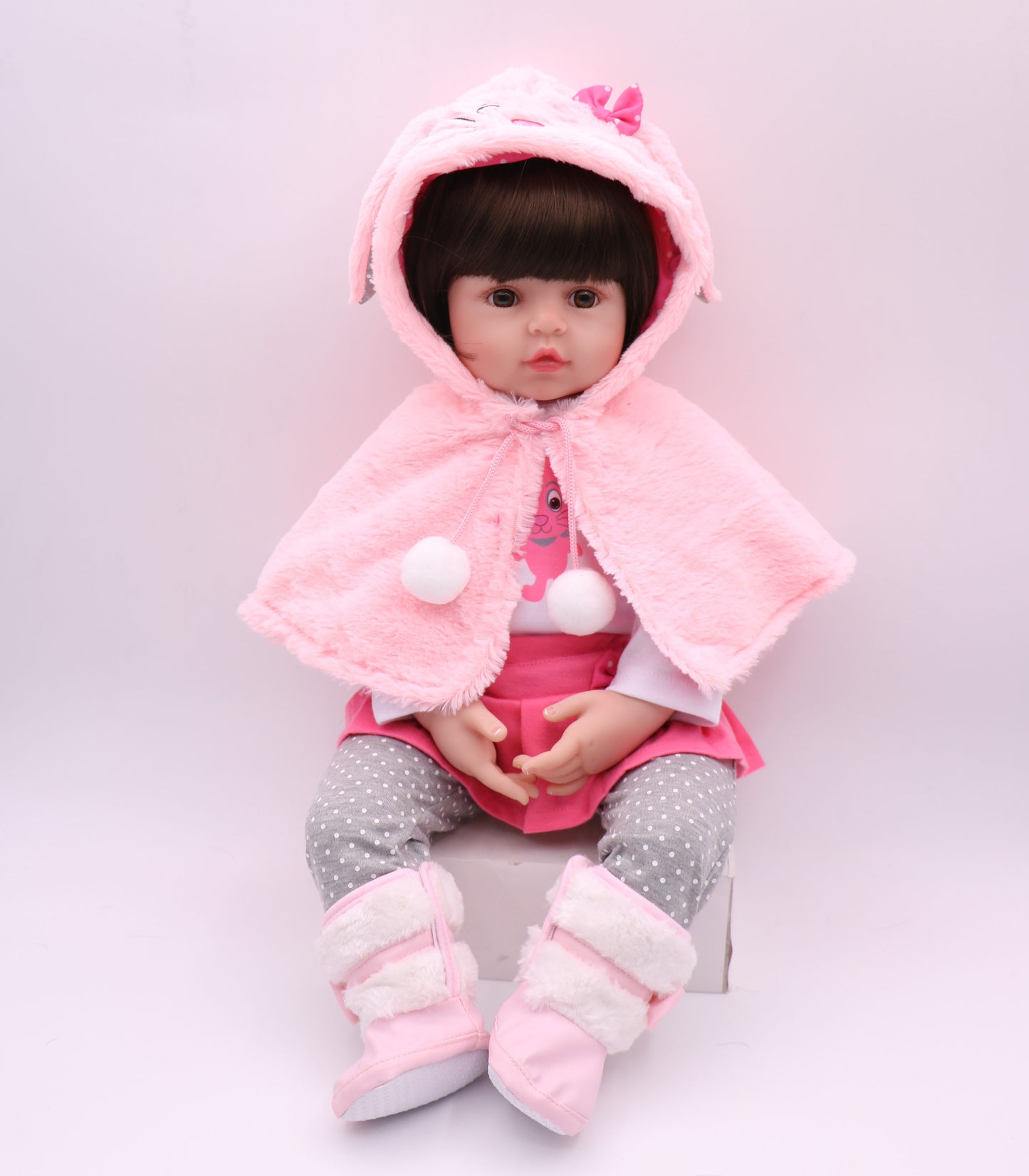 Adorable 19 Soft Vinyl Reborn Baby Doll with Glued Hairwig and Pink Rabbit Outfit, Halloween/Thanksgiving Day/Christmas Gift Carnival Easter Gift