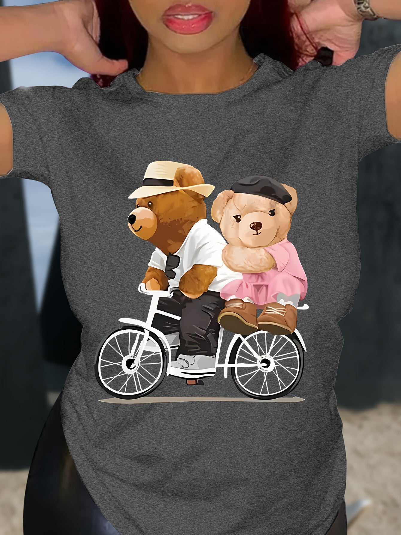 Teddy Bear Print T-shirt, Short Sleeve Crew Neck Casual Top For Summer & Spring, Women's Clothing