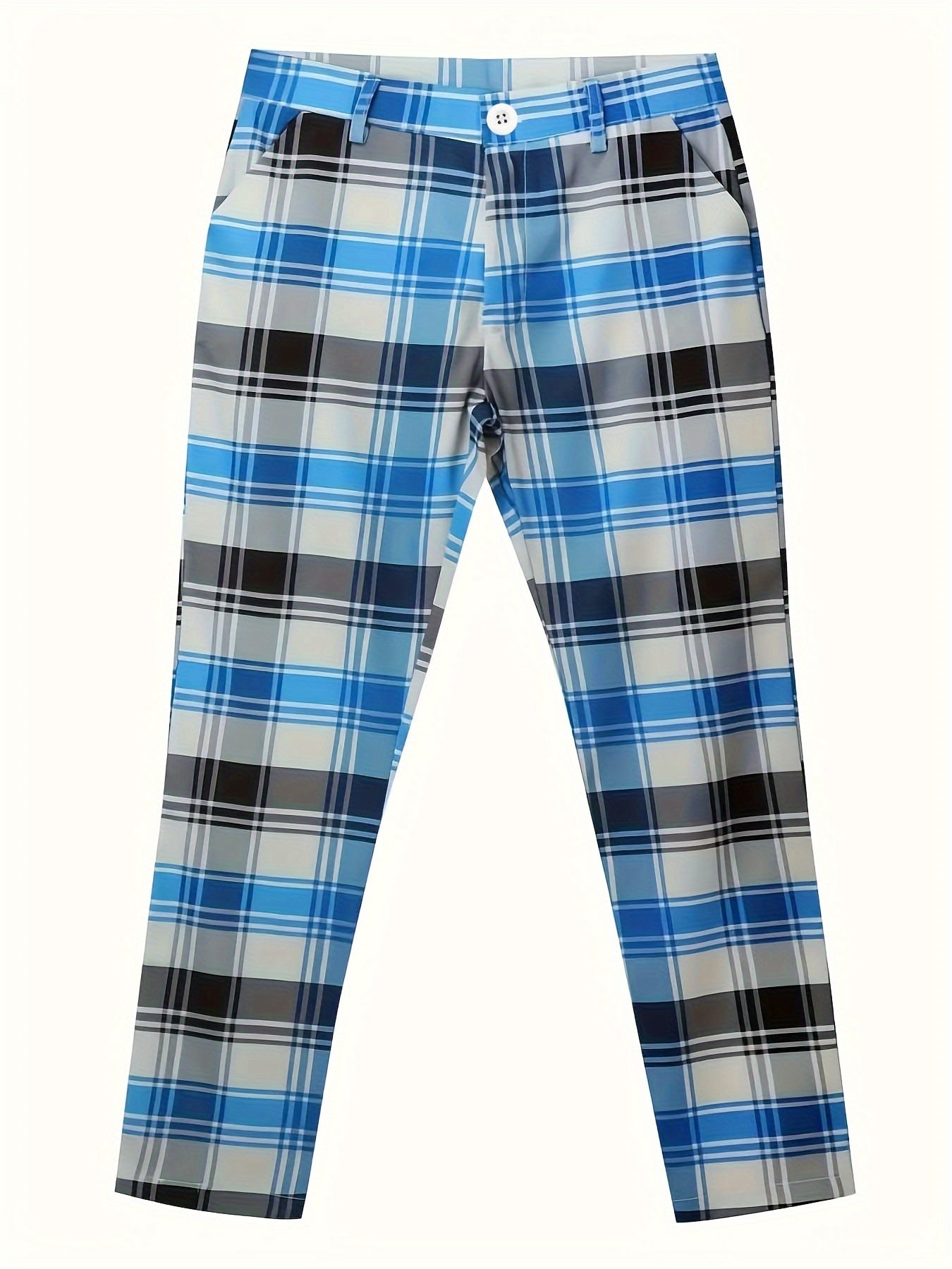 Men's Classic Fashion Plaid Slim Fit Trousers, Geometric Pattern, Regular Length, Stretch Polyester, Casual Style, with Pockets, Straight Leg, Slim Fit, for Business, Formal Parties, and Daily Wear