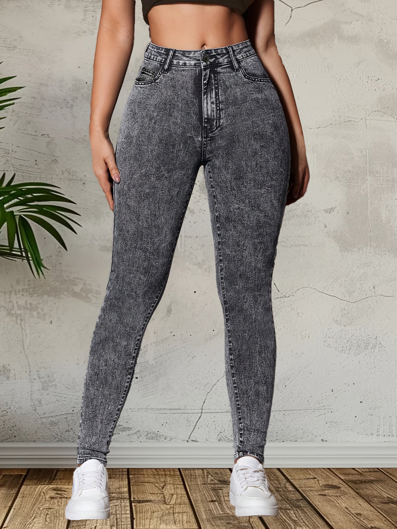 Skinny Fit Plain Washed Grey Casual Style Zipper Button Closure Denim Pants, Women's Denim Jeans & Clothing