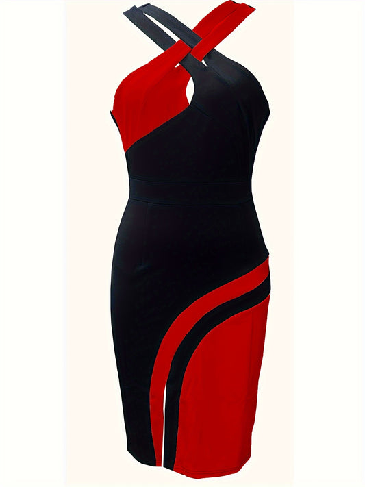 Colorblock Crisscross Split Bodycon Dress, Elegant Sleeveless 2 Tone Dress, Women's Clothing