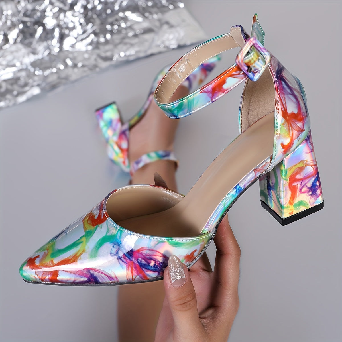 Women's Colorful Chunky Heels, Elegant Point Toe Dress Pumps, Fashion Buckle Strap Party Heels carnaval & Music Festival