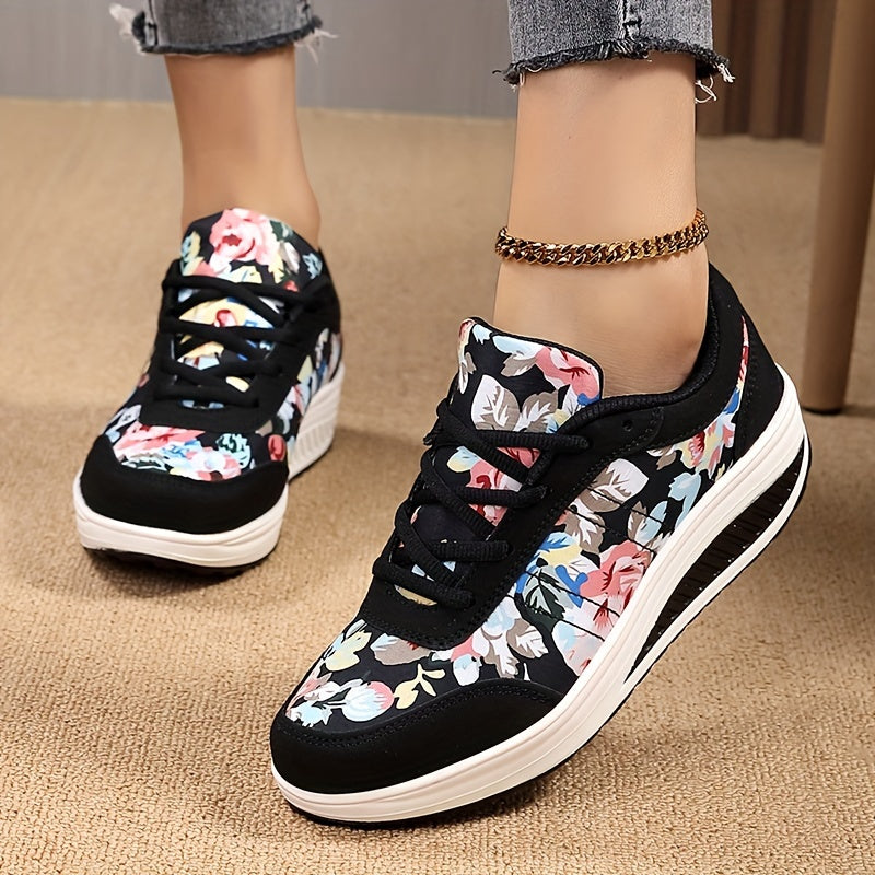 Women's Vintage Print Casual Sneakers, Lace Up Platform Soft Sole Walking Shoes, Round Toe Sporty Rocking Trainers