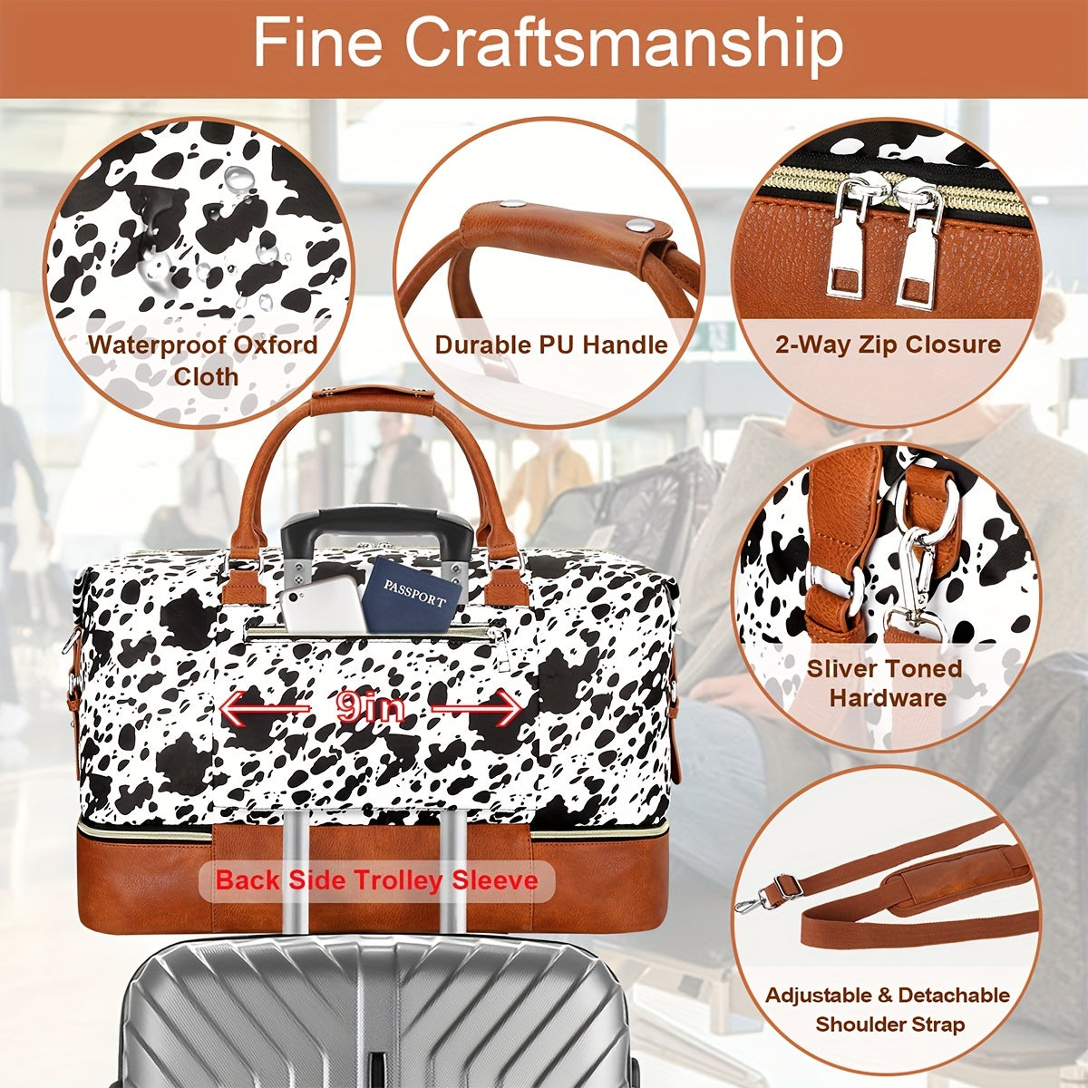 Elegant Oxford Cloth Weekender Bag for Women with Shoe Compartment - 1 PC Cow Pattern Travel Duffel Tote from Guangzhou