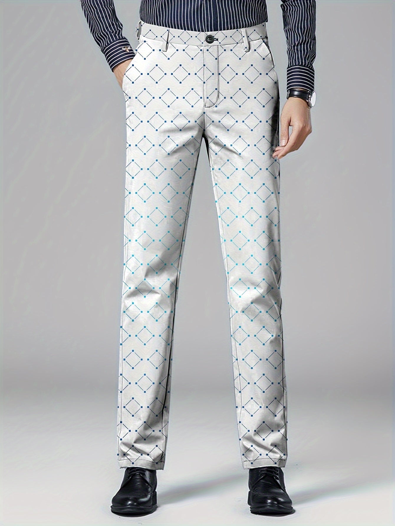 Men's Argyle Graphic Print Suit Pants With Pockets, Dress Pants For Party Wedding Outdoor