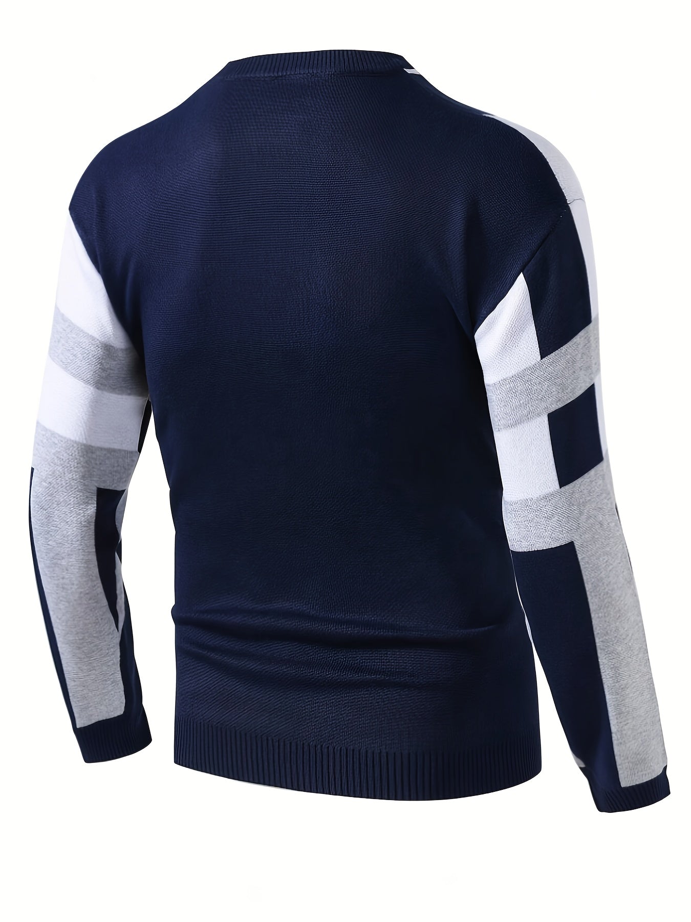 Men's Color Block Round Neck Sweater, Trendy Stretch Warm Pullover For Winter Outdoor