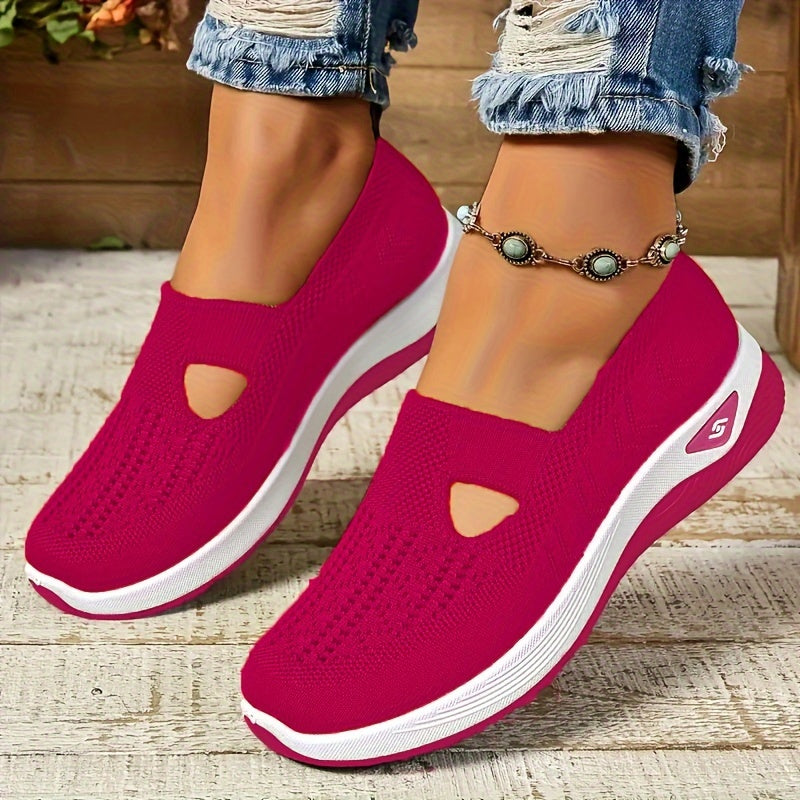 Womens Lightweight Knit Cut-out Sneakers - Ultra-Casual, Exceptionally Breathable Sports sole, Easy Slip-On Shoes with Super Lightweight Construction and Flat Heel for Comfort - Perfect for Outdoor Walking and Casual Strolls