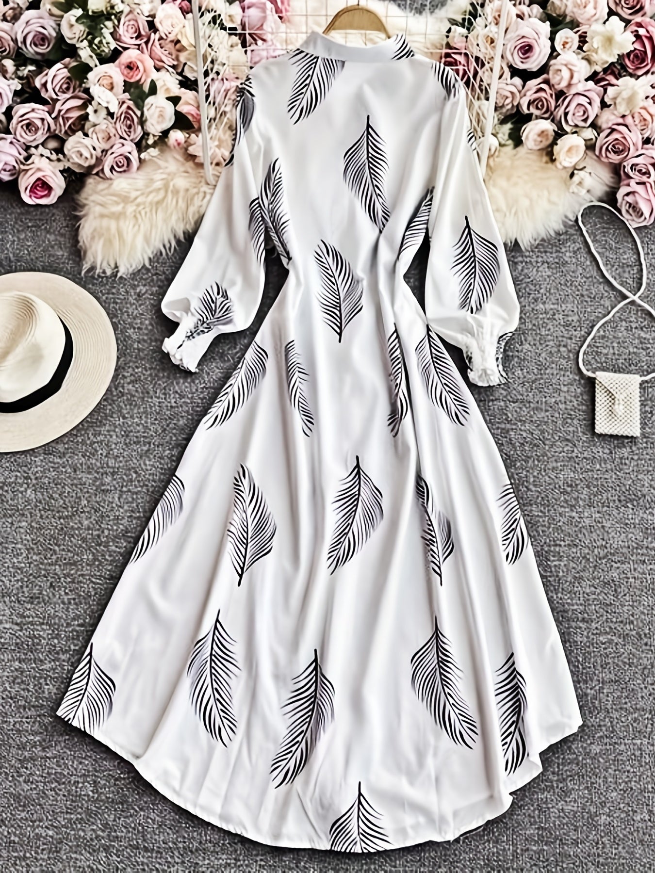 Feather Print Shirt Dress, Vacation Button Front Maxi Dress, Women's Clothing