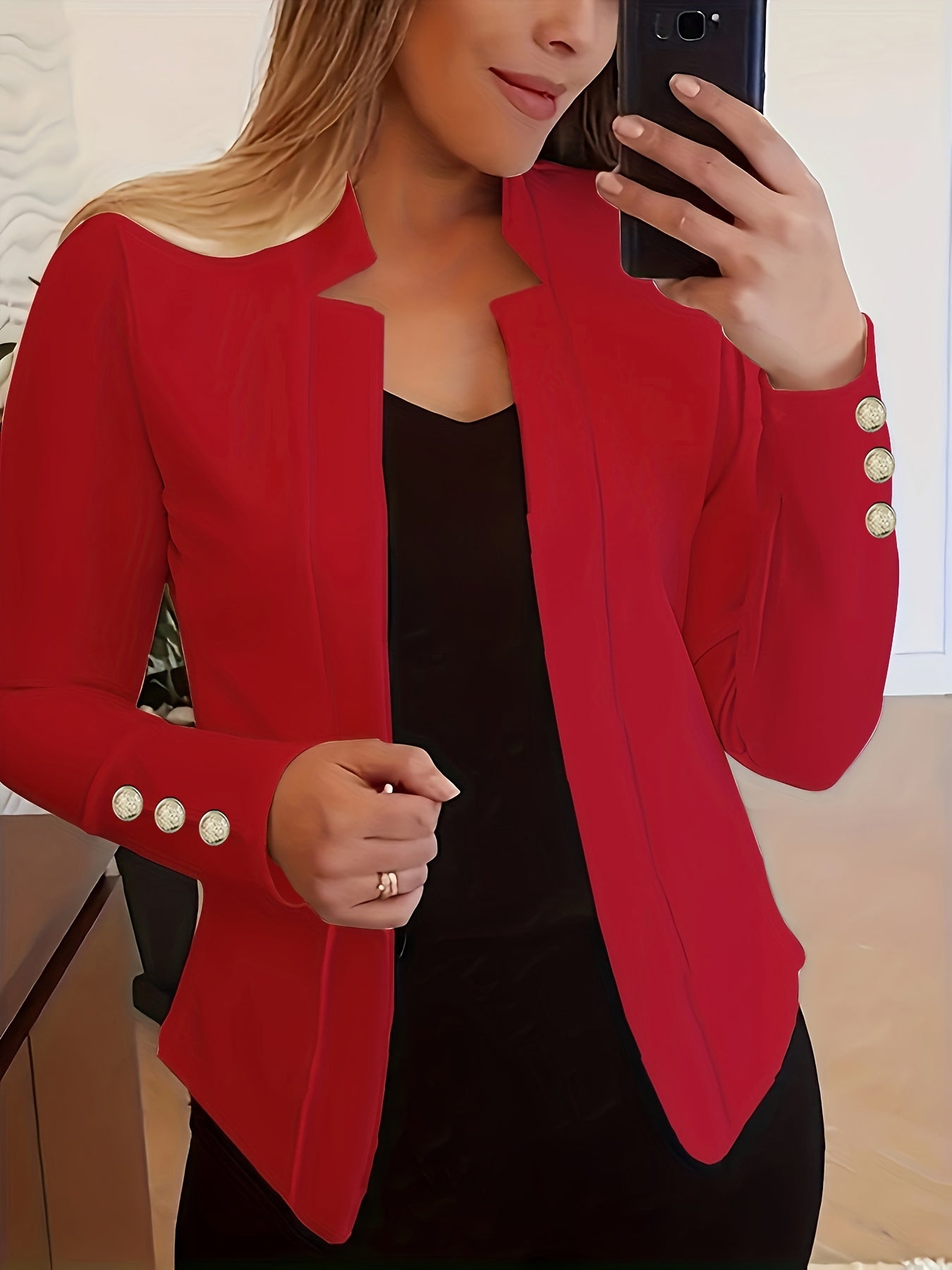 Solid Open Front Button Decor Blazer, Elegant Long Sleeve Blazer For Office & Work, Women's Clothing