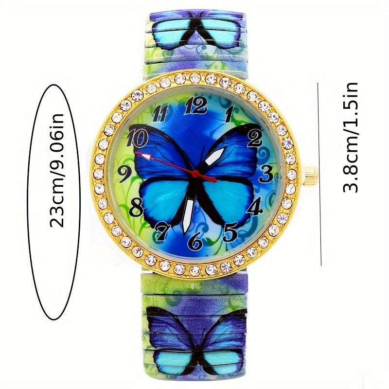 Stretch Strap Butterfly Watch Women's With Rhinestone Rubber Wrist Watch Quartz Watch