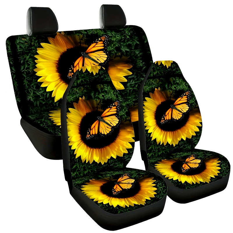 Butterfly And Sunflower Print Car Seat Covers For Five-Seater Cars, Stylish Car Seat Protector For 2 Front Seats/ 5 Seats, Universal For All Seasons