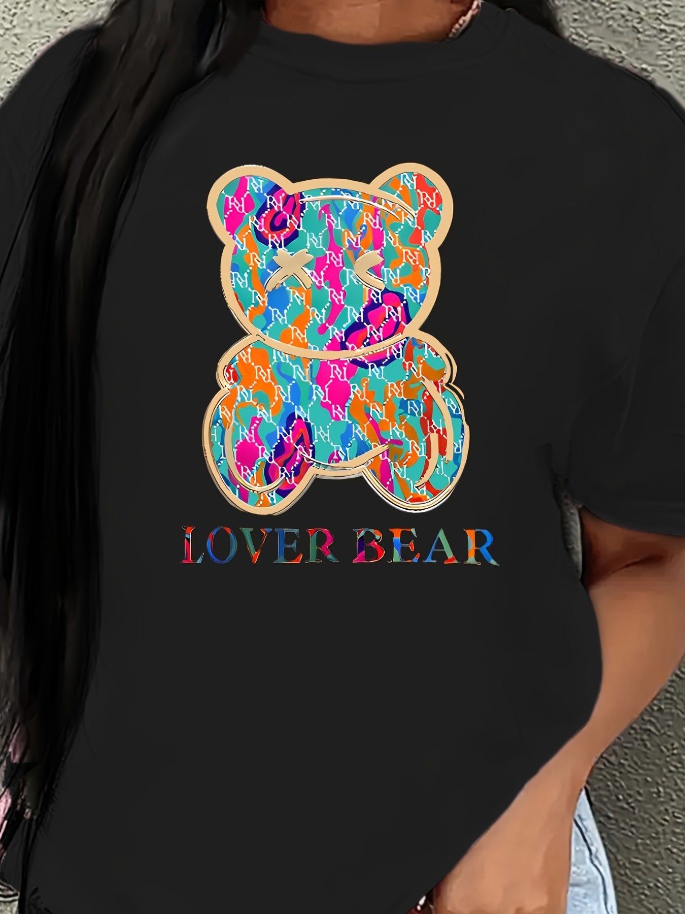 Bear & Letter Print Crew Neck T-shirt, Casual Short Sleeve T-shirt For Spring & Summer, Women's Clothing