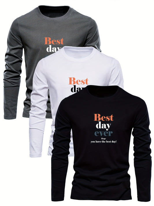 3-Pack Men's Long Sleeve T-Shirts 100% Cotton, Casual Round Neck, Alphabet Print, Knit Fabric, Best Day Ever Design, Spring/Fall Collection