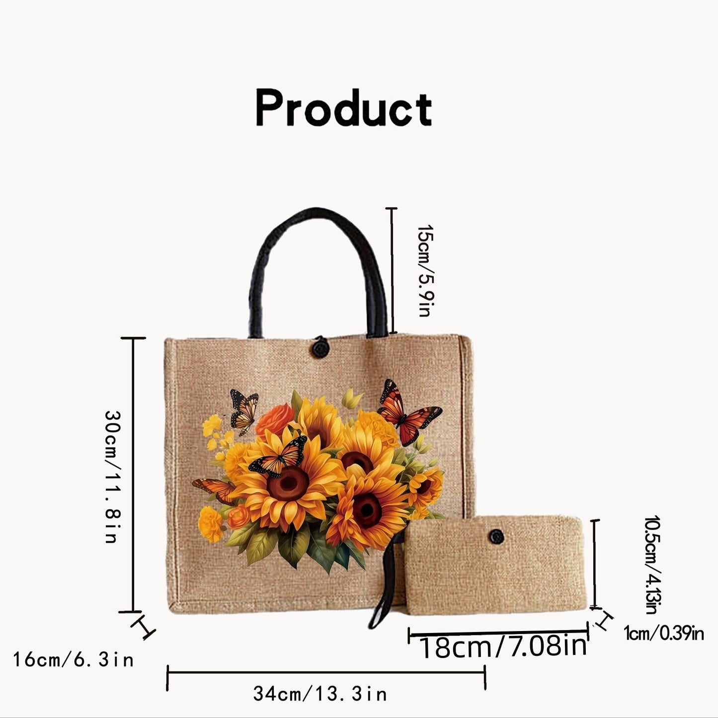 2pcs Sunflower Butterfly Pattern Tote Bag Set, Lightweight Burlap Shopping Bag, Portable Travel Beach Bag With Makeup Bag