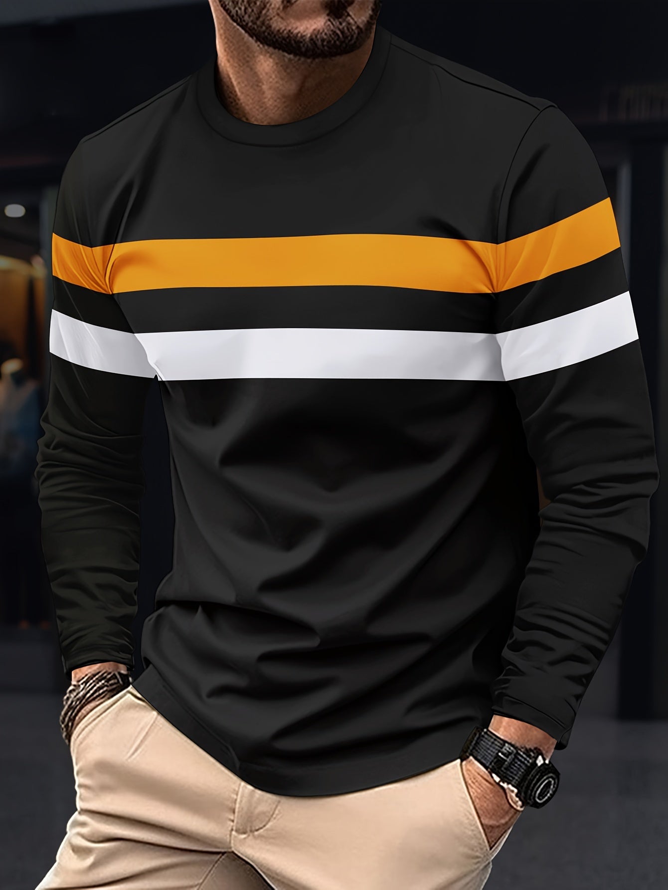 Men's Color Block T-shirt, Men's Comfy Long Sleeve Crew Neck Tee, Men's Clothing For Outdoor Activity