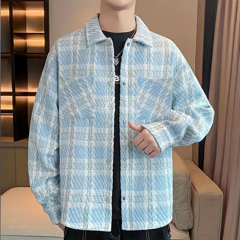 Men's Vintage Plaid Loose Shirt With Chest Pockets, Casual Lapel Button Up Long Sleeve Loose Shirt For Spring Fall K-pop