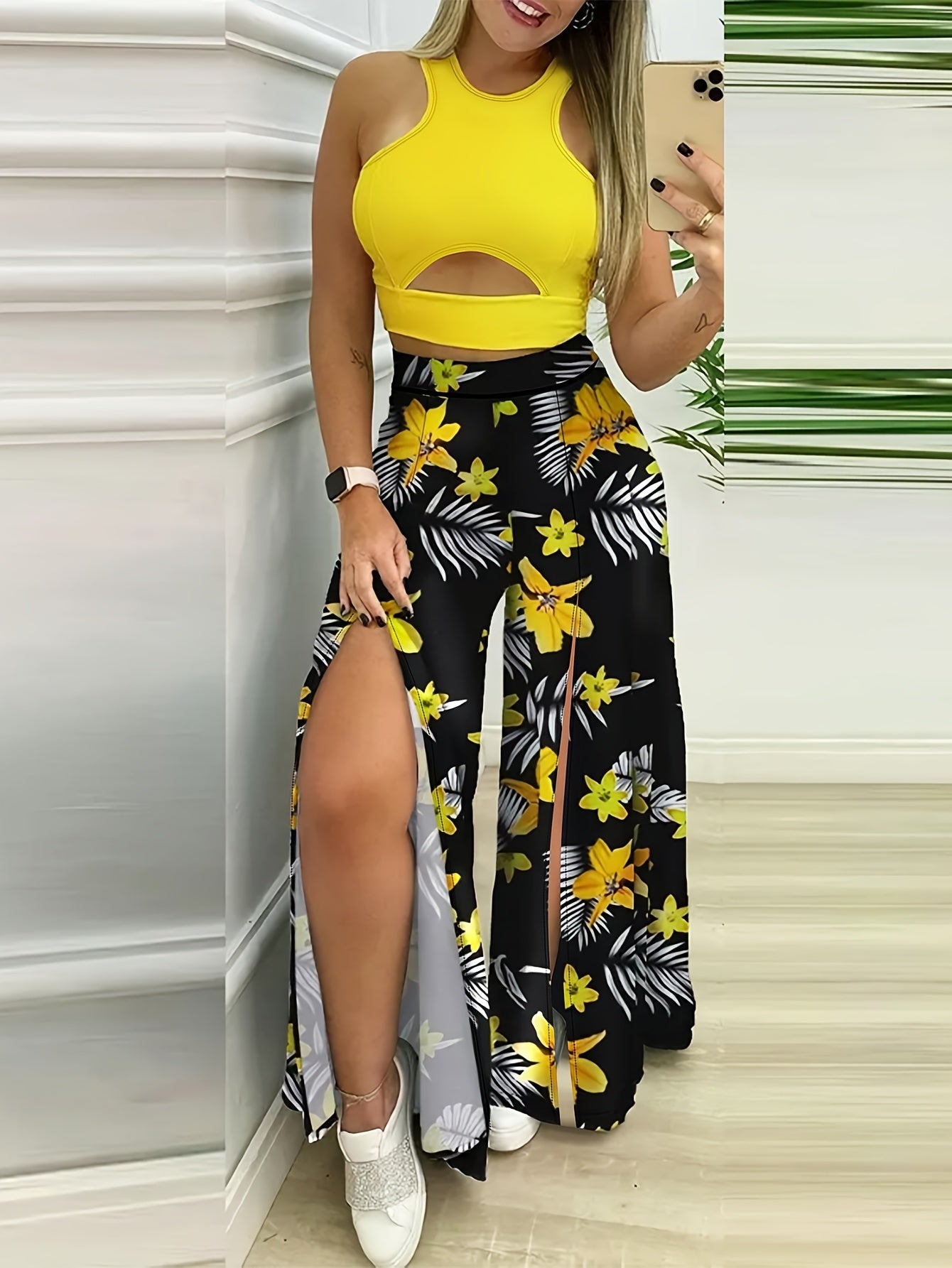 Elegant Slim Summer Two-piece Pants Set, Sleeveless Hollow Crop Top & Floral Print Split High Waist Pants Outfits, Women's Clothing